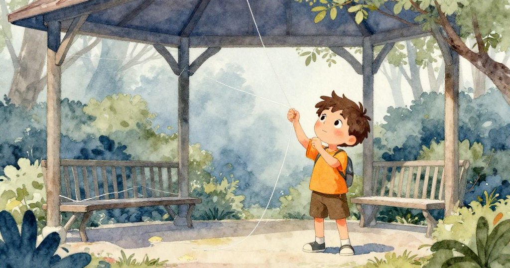 山姆於公園涼亭內坐下，專注用樹枝調整風箏線，表情沉思，室內外光線柔和。