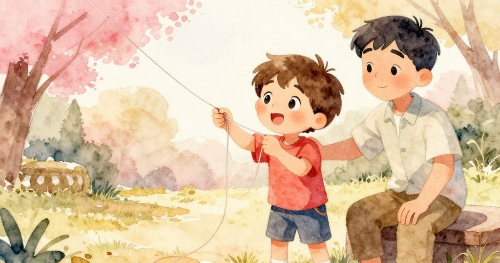 山姆面對糾結風箏線神情認真思考，李在旁支持，共同決定重新調整線路，現場溫暖而充滿希望。