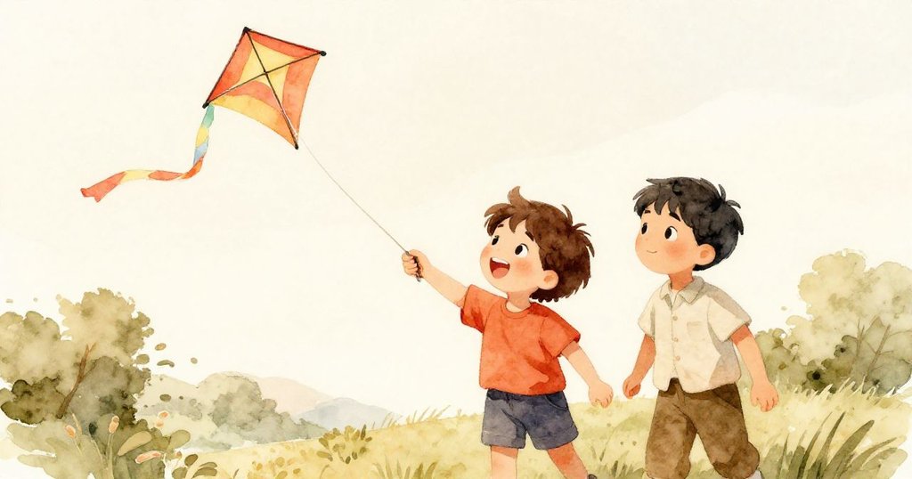 山姆將修好的線軸遞給李，兩人共享成功喜悅，風箏再次高飛，場景充滿溫馨慶祝氣氛。