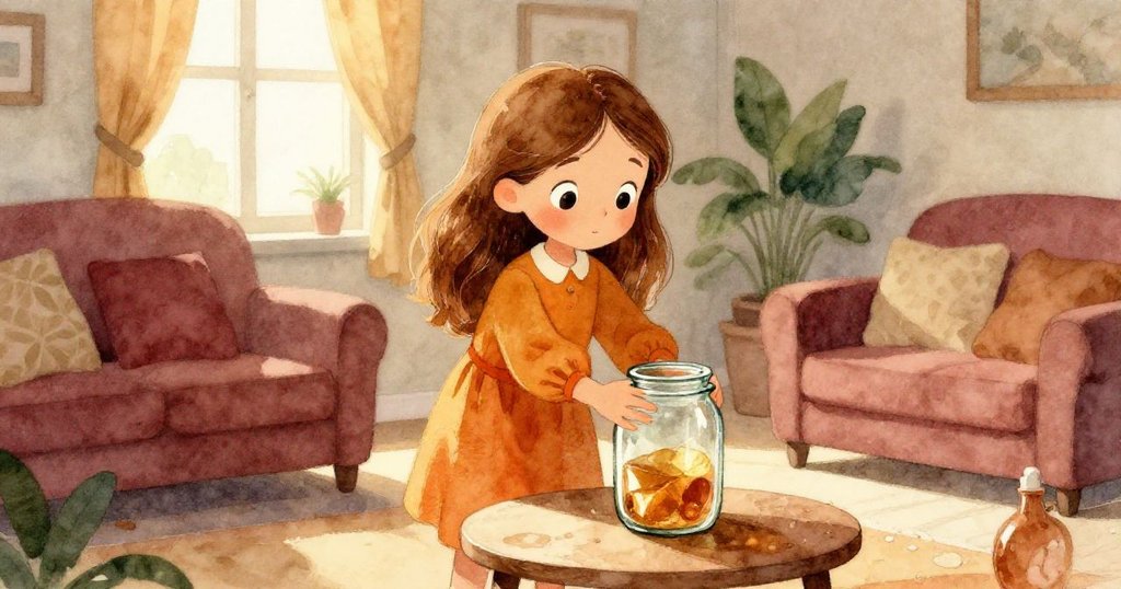 莉莉在溫暖晨光中於起居室小桌上放置玻璃罐，神情專注，背景有收音機和散發暖意的窗台，展現故事開始情境