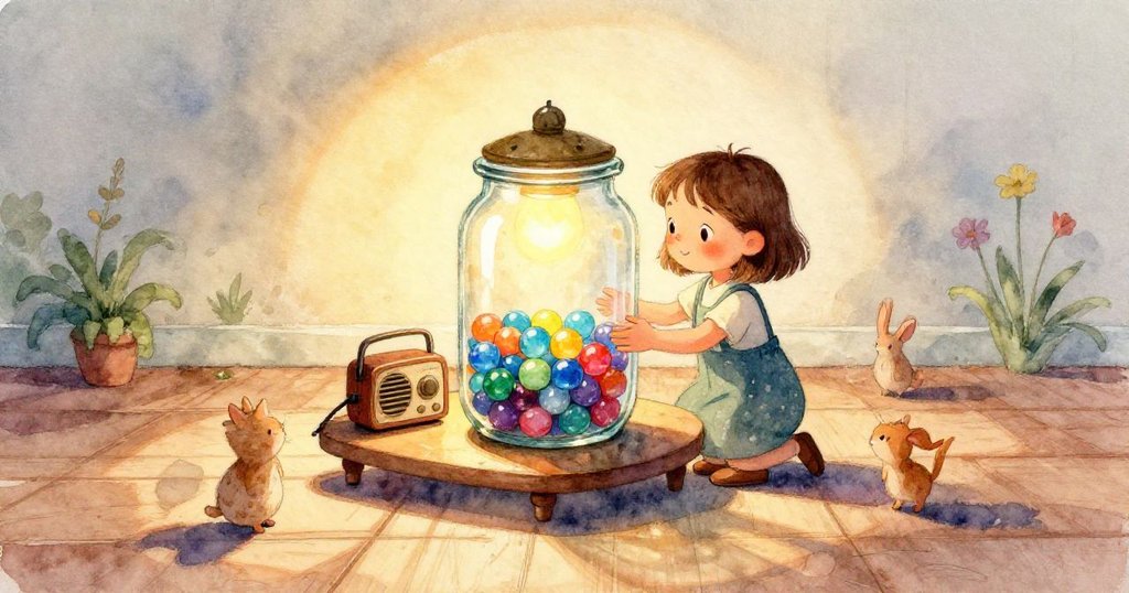 莉莉的雙手正輕巧地將鮮豔玻璃彈珠放入罐中，細膩溫馨展示故事由靜入動的過程