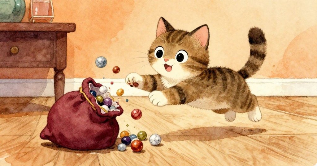 調皮的米洛跳上桌邊踢動彈珠袋，眾多彩色彈珠在木地板上飛散，充滿動感與趣味