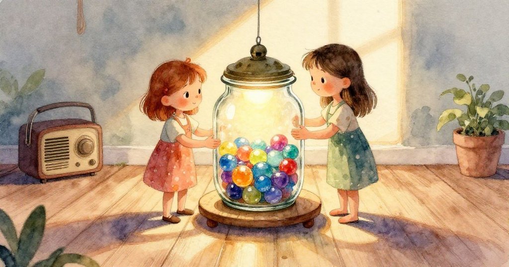 明亮的紅彈珠撞向木凳腿，木凳傾斜擠出塵封箱子連連掉落，故事情節進入緊湊與冒險階段