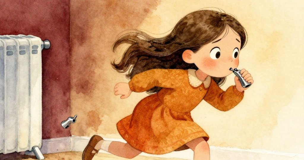 莉莉急速追逐地上滾向暖器的銀色口哨，神情堅定又略帶憂慮，展示冒險轉折與心情緊張