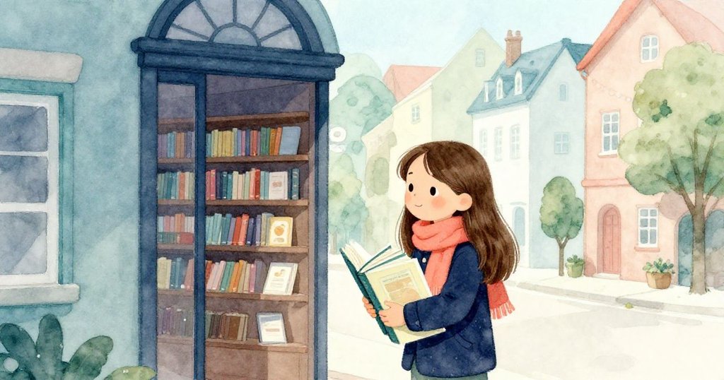 圖中Lena手持繪本進入圖書館，柔和晨光灑落，氣氛寧靜，充滿期待，展現故事起始場景。