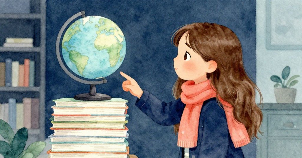 圖中Lena輕觸漫畫堆，漫畫搖搖欲墜與地球儀互動，圖書館內動態場景顯示驚訝感。