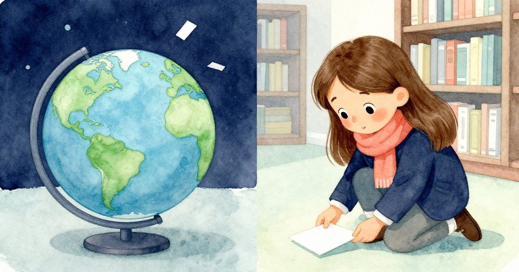 圖中Lena驚訝彎腰拾取亮卡，地球儀滾動及書籤飛舞展現故事轉折，詳盡分鏡。