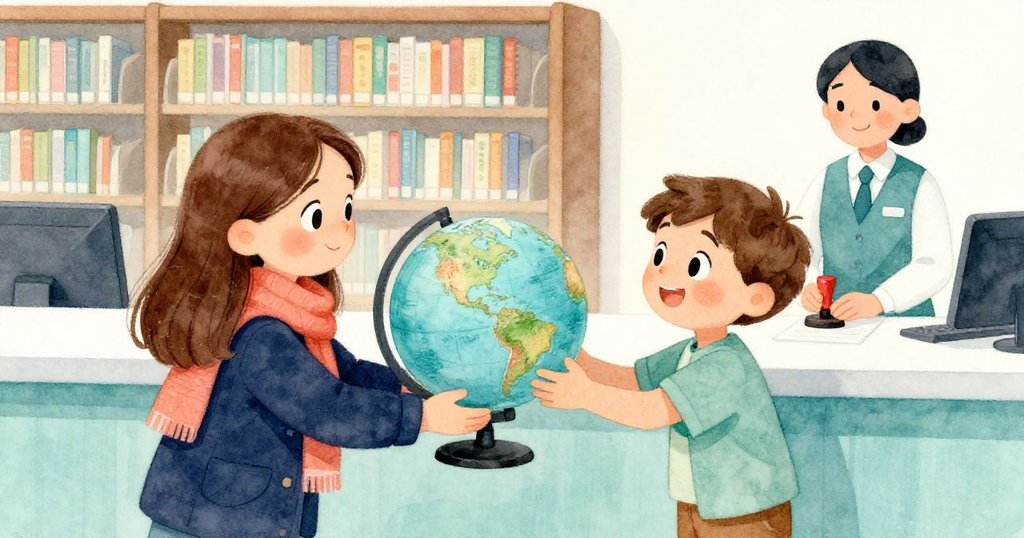 圖中Lena與好友Max合作整理地球儀與漫畫，圖書館主管微笑點頭，秩序恢復，氛圍溫馨。