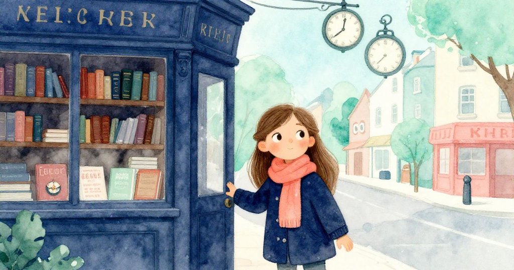 圖中Lena走出圖書館朝向熱鬧街道，鎮上大鐘鳴響，象徵新開始，心情充滿希望與好奇。