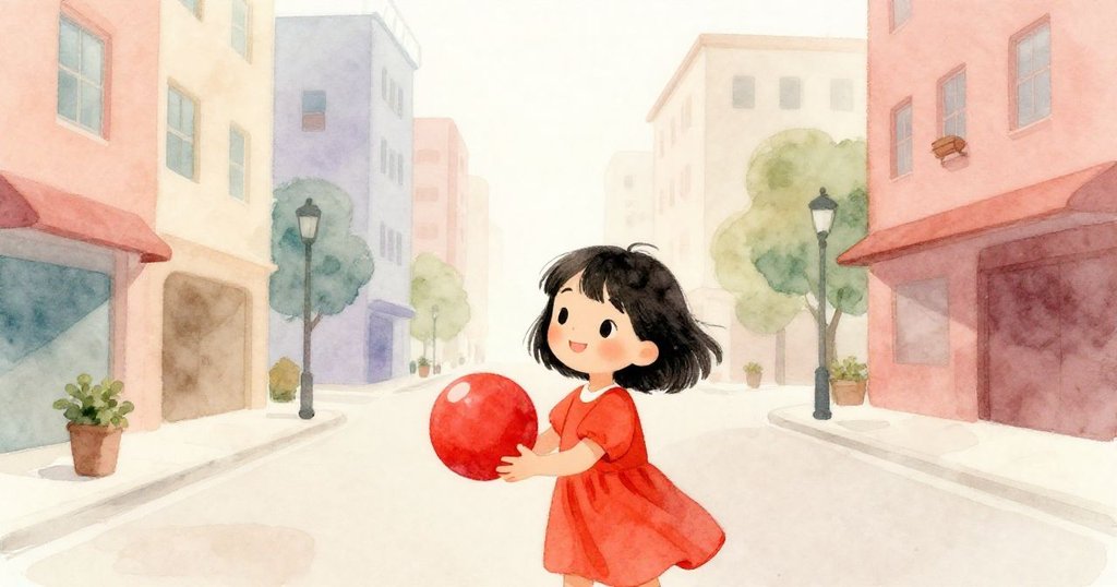 林拿著紅球漫步在溫暖街道上，微笑中透露出期待，陽光灑落於現代城市背景中，展現寧靜開端。