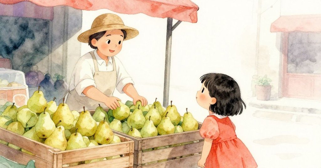 林好奇走近水果攤，攤販正將閃亮綠梨整齊放在木箱上，溫暖光線襯托出市集熱鬧氣氛。