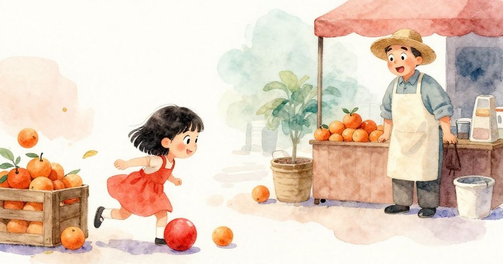 林突然驚呼紅球從手中滑落滾出，撞擊箱子引發橙子四散，攤販也顯露出驚訝神情，劇情轉折生動。