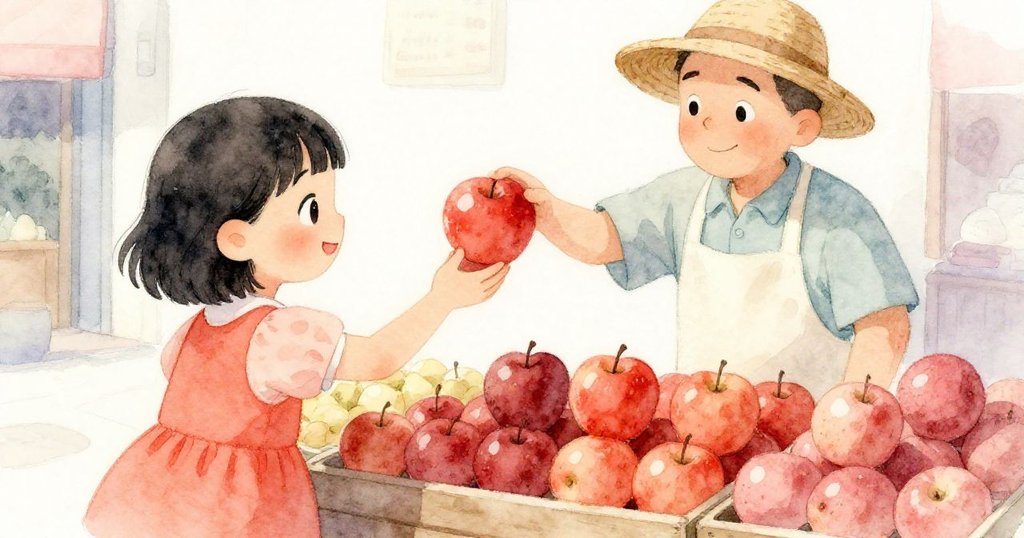 攤販溫柔拾起紅球之際，林細心選擇兩顆亮紅蘋果，雙方眼神交流中流露出友善溫暖情誼。