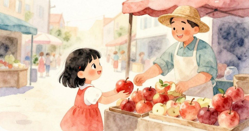 市集中林微笑著遞出蘋果，攤販欣然接過，現場彌漫著歡樂氛圍，展現溫馨友愛時刻。