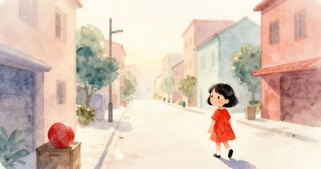 黃昏時分，紅球安靜躺於箱上，林帶著滿足微笑沿市街緩步離去，夕陽金光灑下，平靜結束旅程。