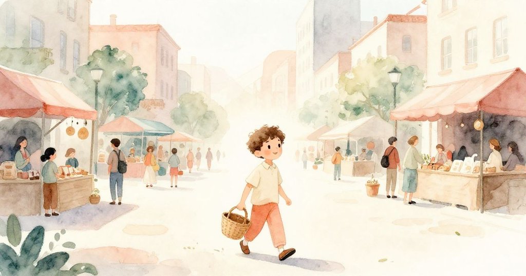 羅里走在晨光中的熱鬧市集，小籃子與柔和晨光映照出期待與溫馨情感，人群初起迎接新的一天。