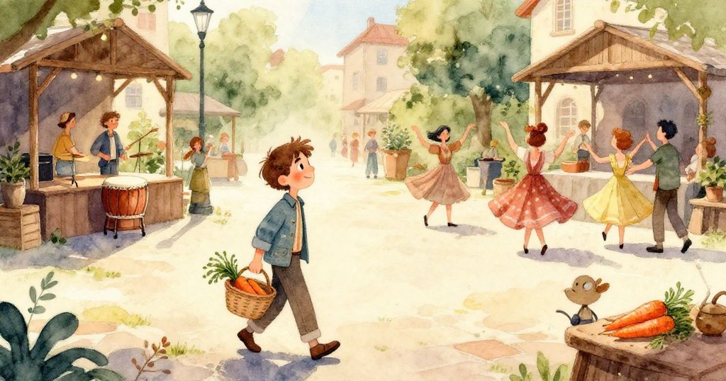 舞者輕巧躲避滾動橙子，水果箱旁木板隱藏的暗門微開，散發神秘驚喜與童趣情感。