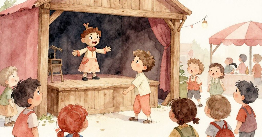 秘密暗門全開露出老舊木偶，孩子們圍觀驚呼，市場舞台呈現活力四射與驚奇情緒。