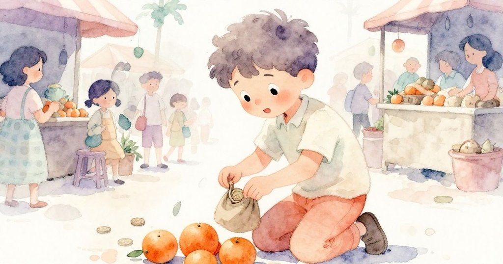 羅里專心收拾滾落橙子並修補硬幣袋，臉上表現堅定與細心，熱鬧市集中展現責任感溫馨場面。