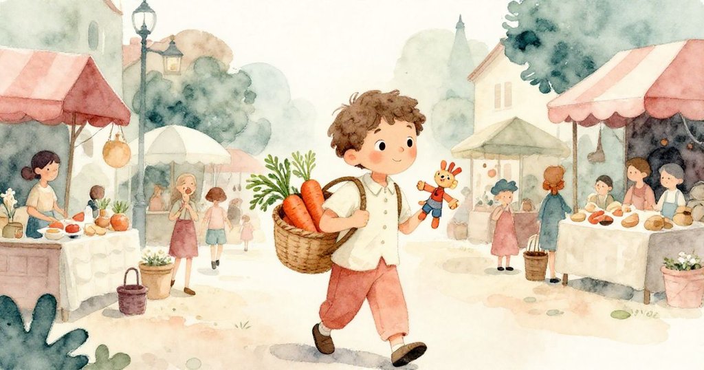 羅里滿懷喜悅揮手告別市集，手持滿載胡蘿蔔的籃子與木偶，黃昏柔光中展現歸家溫馨與寧靜情懷。