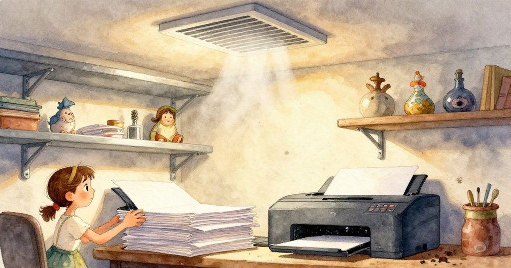 印表機托盤中,一張帶著淡淡鉛筆痕跡的紙張被特寫呈現,其細節顯示意外轉折,故事發展中增添神秘。