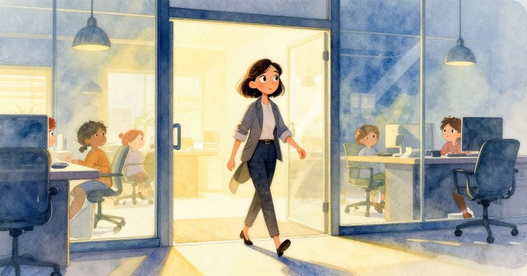 Mia 踏向反光玻璃門,她堅定的背影與光線交織出希望與進展,故事發展展現奮進步伐。