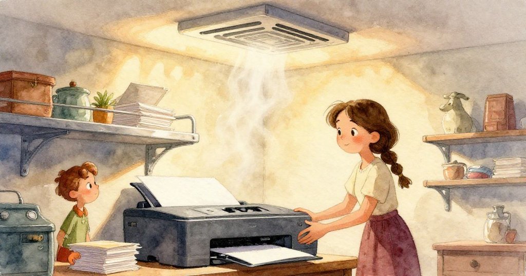 在辦公室的印表機內,半印出紙頁仿若漂浮水中般展現超現實意境,文章轉折點帶來神秘與夢幻氛圍。