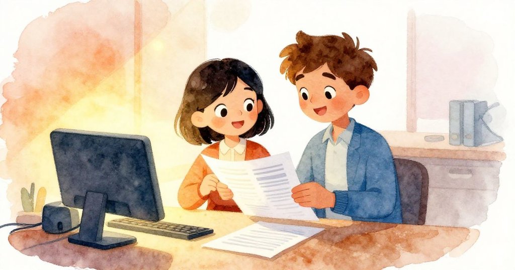 Mia 與 Leo 攜手完成修訂報告,共同分享合作與喜悅時刻,在溫暖辦公室光線中迎向圓滿結局,故事充滿幸福感。