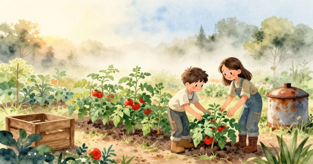 米洛與克拉拉在晨霧籠罩的庭園中操作設備，木箱、金屬罐和番茄植株伴隨著溫暖晨光展現希望。