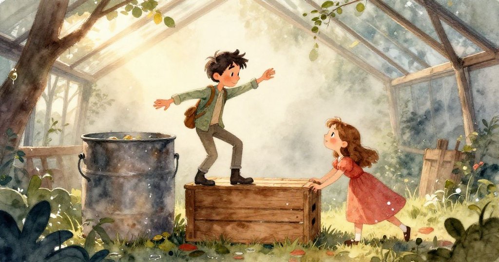 水流化作奇幻幾何弧線，彩虹在陽光中折射亮彩，庭園與管線交織出夢幻修繕奇觀。