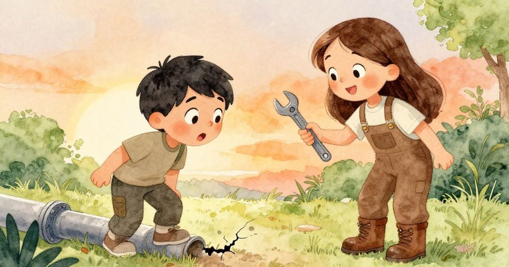 米洛發現細裂縫，克拉拉迅速遞上扳手，兩人神情中流露驚奇與決心，共同迎接挑戰。