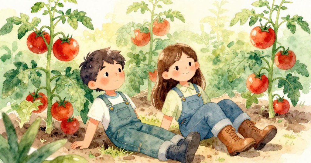 米洛與克拉拉在豐收菜園中安坐休憩，滿足笑容映襯溫柔晨光，展現修復成功後的平靜與喜悅。