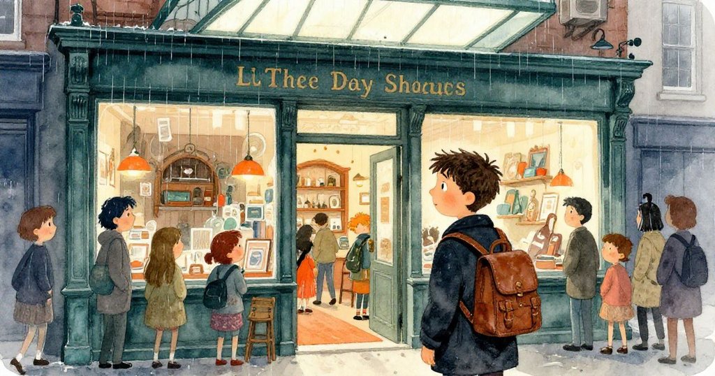 馬庫斯踏入古老文具店，身著滴水外套，背景人群熙攘，天窗透光中帶出好奇與期待的表情。