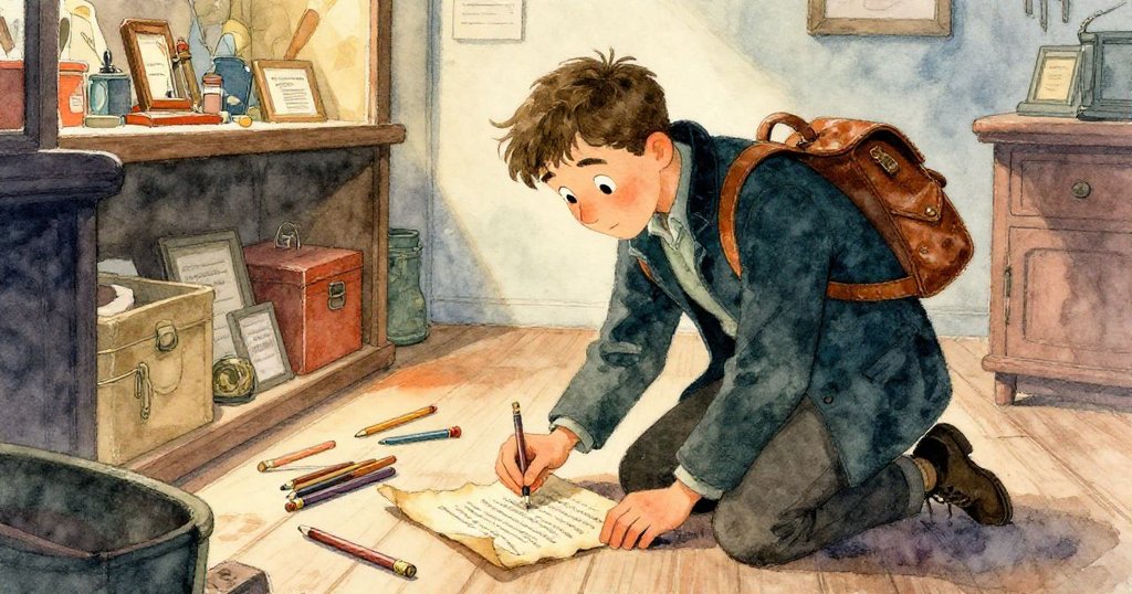 馬庫斯蹲下撿拾散落物品，細看一張邊緣褐變的羊皮紙，眼中流露出好奇與驚喜。