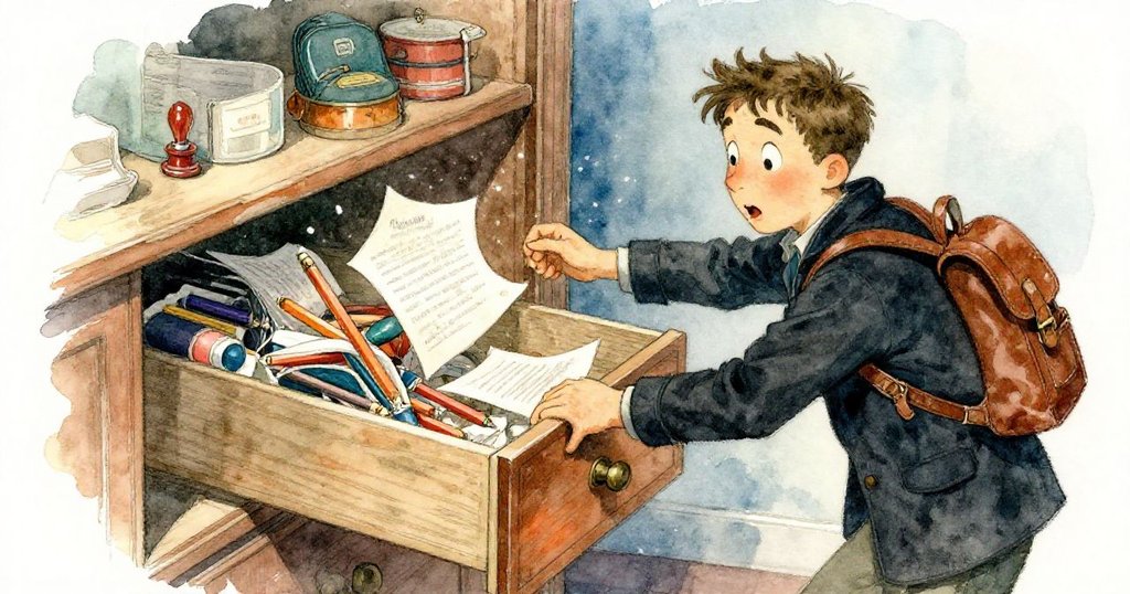 馬庫斯拉開抽屜時物品狂瀉而出，角度傾斜展現出驚訝與專注的神情，現場充滿動態。