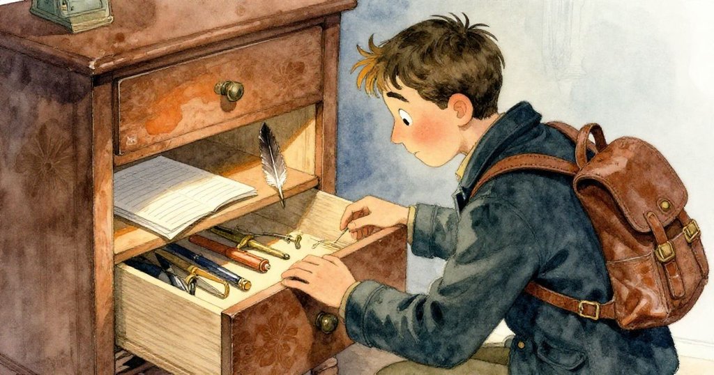 馬庫斯發現抽屜深處隱藏著古老文具與殘缺羽毛筆，溫暖光影中透著神秘與驚奇。