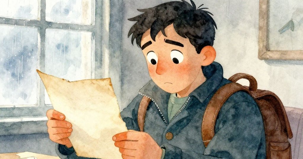 馬庫斯專注對照神秘羊皮紙與新紙，窗外雨聲交織出緊張與疑惑的情景，神情凝重。