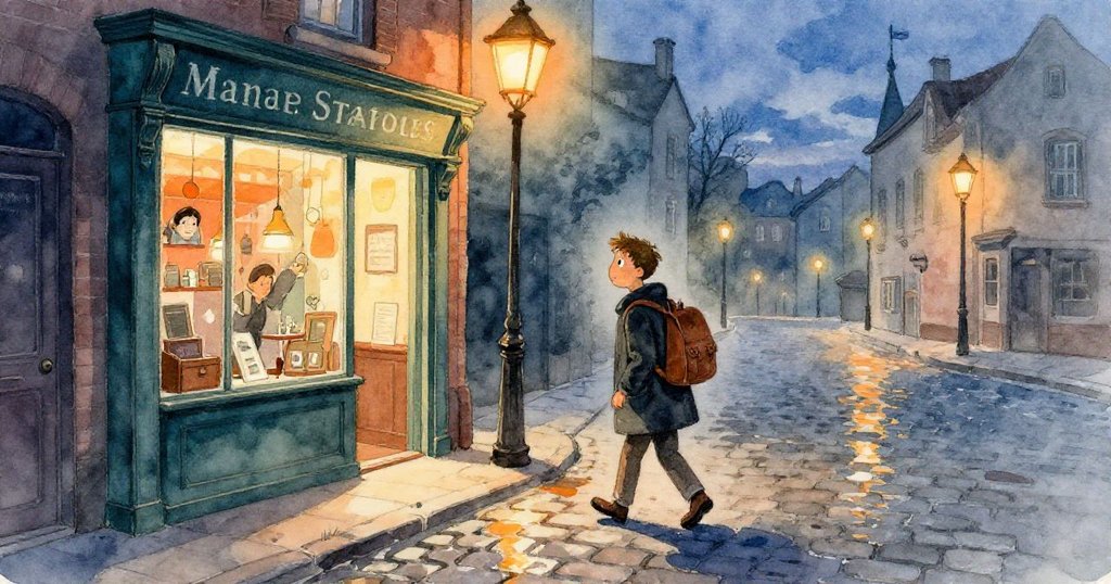 馬庫斯收好神秘羊皮紙走出文具店，步上濕潤街道，夕陽與路燈交織出溫暖又深思的夜晚氛圍。