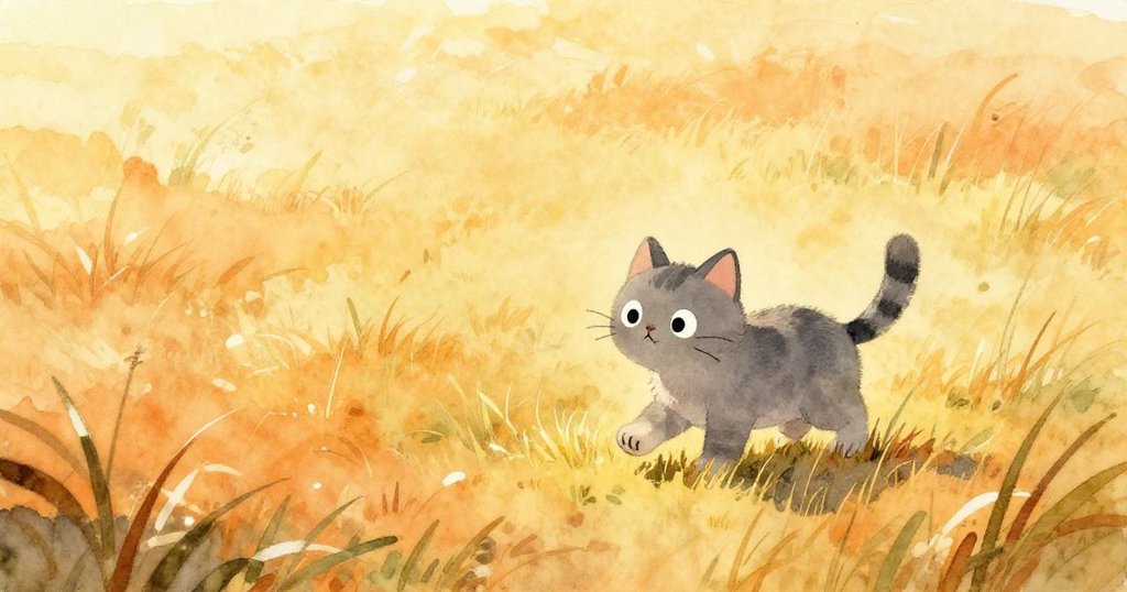 Whiskers貓在陽光下的綠草地上慢步行走，享受花香與溫暖的日光，展現期待且平靜的心情。