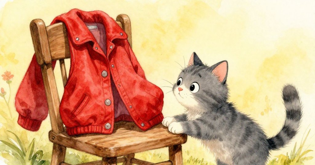 Whiskers貓好奇地嗅著覆蓋著鮮紅外套的木椅，細膩展現木質紋理與陽光下紅布的亮麗色彩。