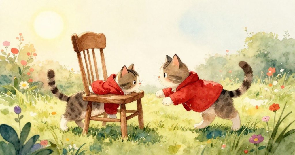 從Whiskers貓的視角看出去，綠草紋理細膩，隱約透露著孩童的身影，滿懷好奇與期待。