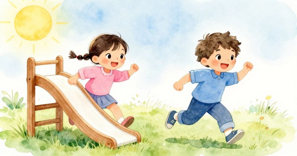 Mia與Tom在明亮綠草地上奔跑，鞋子輕觸木椅使其滑動，場景充滿動感與驚喜。