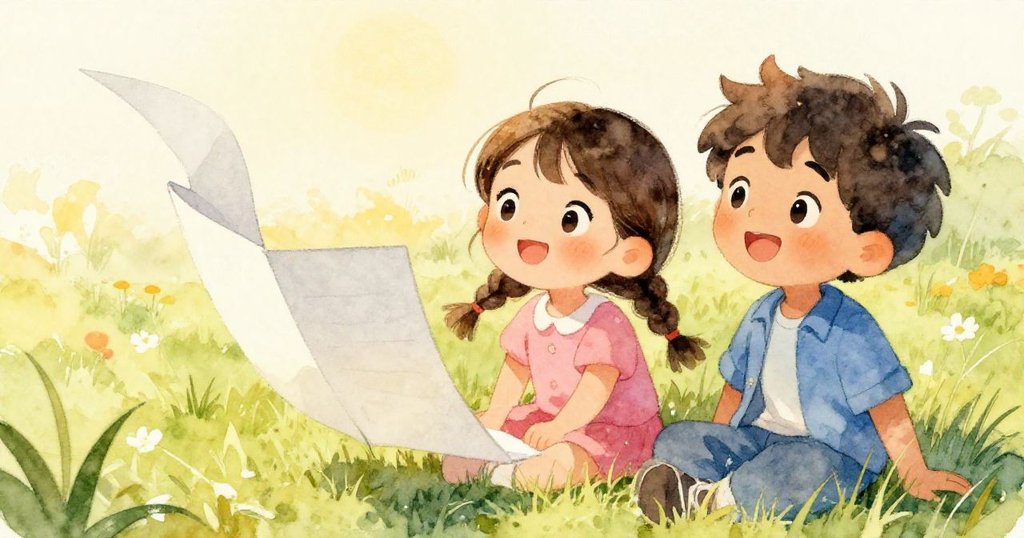 Mia與Tom驚奇地停下，注視著從木椅旁掉落並在草地上飄動的紙計劃，臉上滿是驚訝與好奇。