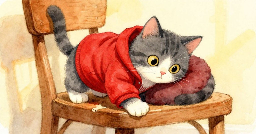 Whiskers貓小心地爬上靜止的木椅，最後蜷縮在鮮紅外套上，展現出滿足與安寧，陽光灑落出柔和溫暖的光芒。