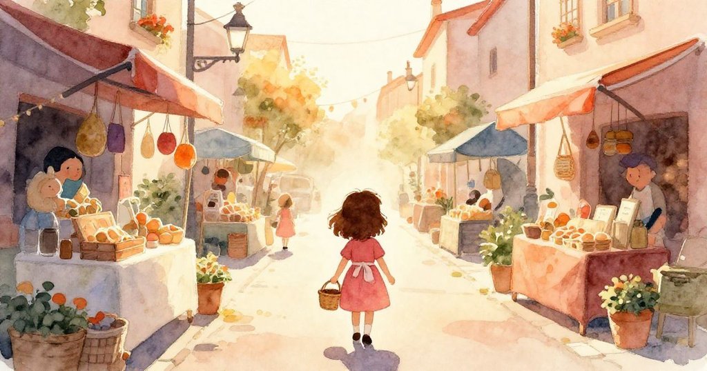 Sara身影在晨光中走在狹窄街道上，手提小籃子前往市場，背景充滿溫暖金橙色，充滿期待。