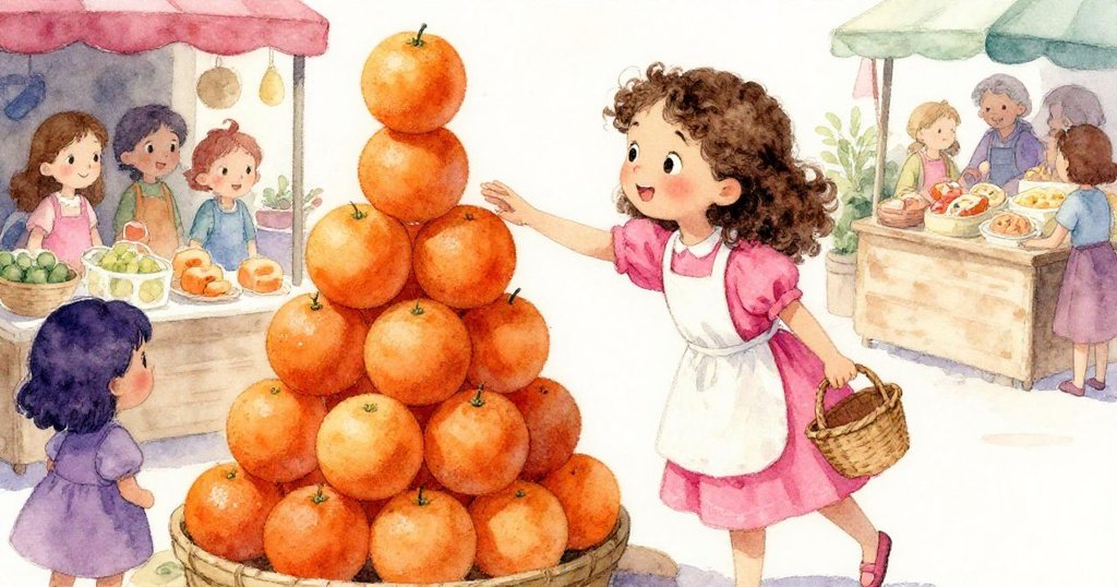 Sara彎腰輕觸擺成金字塔的橙子，臉上流露小心與興奮，背景市場充滿玫瑰粉與深紫色的溫馨光影。