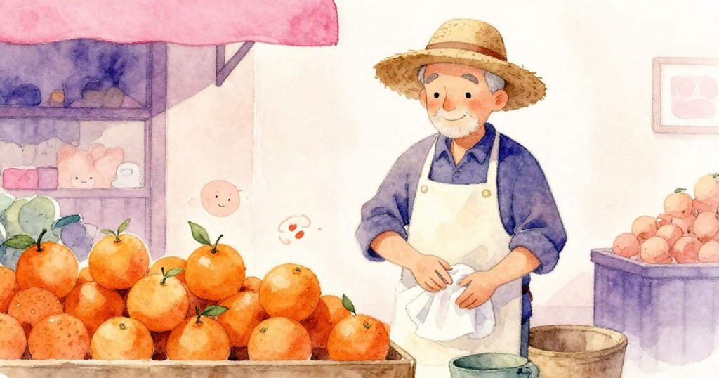 在溫馨市集攤內，攤販微笑著用布擦拭濕透的圍裙，周圍擺滿精緻橙子與小混亂，情景親切溫暖。