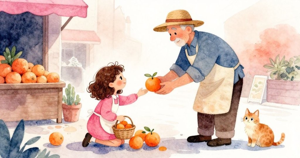 Sara蹲下撿橙，攤販遞來熟橙，貓咪靜臥水漬旁，眾人相聚於溫柔夕光下，情感溫馨。