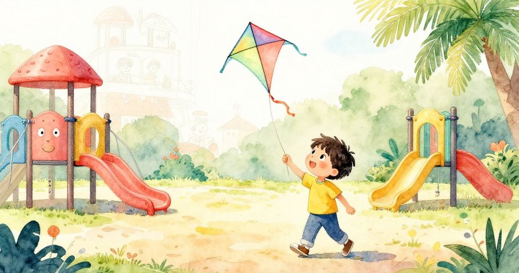 Milo 帶著紙風箏走進操場,夕陽映照下海報與青草交織,充滿期待與歡樂的氛圍。