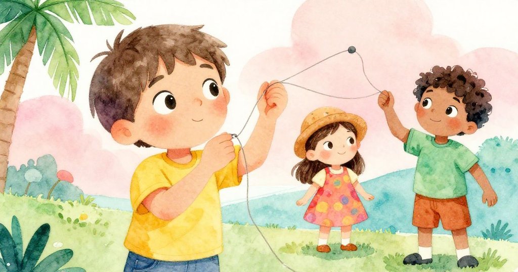 Milo 專注地檢查風箏線上的結,臉上流露出決心,Lila與Ken在背景溫柔關注,充滿活力與細膩情感。